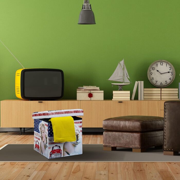 Relaxdays Faltbarer Sitzhocker 38 cm, stabiler Sitzwürfel mit Motiv, Kunstleder, Stauraum, Deckel