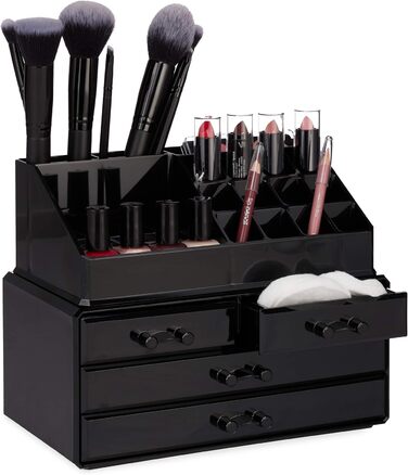 Relaxdays 1 x Make Up Organizer klein, 2-teilige Schmink Aufbewahrung Acryl, mit Lippenstifthalter und 4 Schubladen, schwarz 1 Schwarz 1 Stück