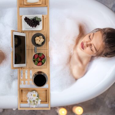 Relaxdays Badewannenablage Bambus, ausziehbar, Buch-, Utensilien- & Weinglashalter, Seifenschale, Badewannentisch, Natur, 1 S