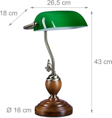 Relaxdays Bankerlampe Holzfuß grün Klassiker Schreibtischlampe – Retro Tischlampe Banker Lampe Messing-Optik & geschwungenen Verzierungen der 30er Jahre – Holz Gals Metall – 26,5 x 43 x 18 cm – E27