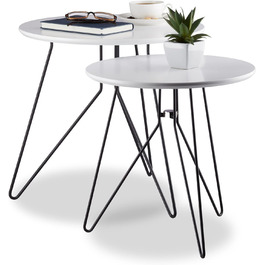 Relaxdays Beistelltisch 2er-Set, runde Satztische mit Metallgestell, Ablagetische, Tischplatte 40 u. 48 cm, MDF, Schwarz-Weiß, Standard