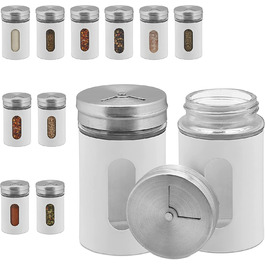 Relaxdays Gewürzstreuer, 12er Set, 3 Streugrade, Gewürze & Kräuter, Gewürzgläser, 90 ml, Glas, Edelstahl, (Weiß/Silber)