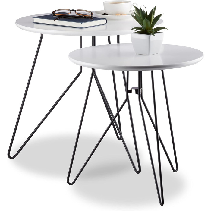 Relaxdays Beistelltisch 2er-Set, runde Satztische mit Metallgestell, Ablagetische, Tischplatte 40 u. 48 cm, MDF, Schwarz-Weiß, Standard