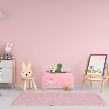 Relaxdays Spielzeugtruhe, Schwanenherz, Spielzeugkiste, Deckel, Bücherfächer, HBT 46x84x42,5 cm, Spielzeugbox, rosa/weiß
