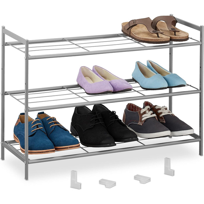 Relaxdays Metall Schuhregal, 3 Ebenen, erweiterbar, Flur Schuhgestell HBT 50 x 70 x 26 cm, 9 Paar Schuhe, offen, (Silber)