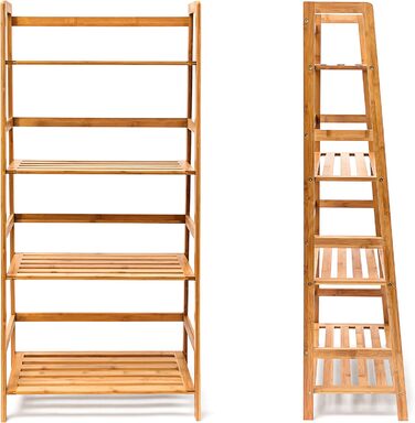 Relaxdays Bücherregal aus Bambus mit 4 Ablagen HxBxT: ca. 120 x 57 x 31 cm Regal für Bücher in Leiterform Standregal mit Durschubsicherung als Bücherschrank und Büroregal Aktenregal aus Holz, natur Single