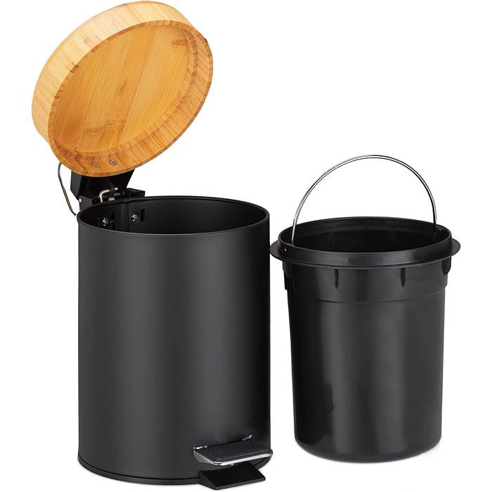 Relaxdays Mülleimer Bad, 3 l, Kosmetikeimer mit Absenkautomatik, Bambusdeckel, entnehmbarer Inneneimer, Treteimer, (Schwarz)