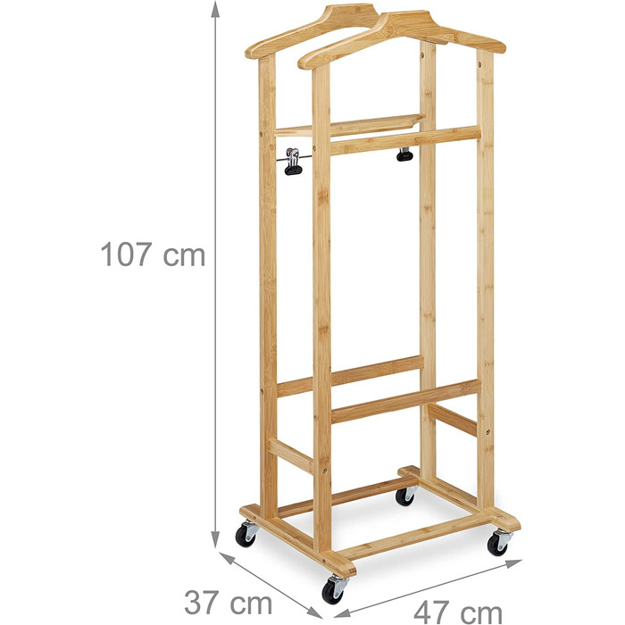 Relaxdays Herrendiener auf Rollen, Stummer Diener aus Bambus, Kleiderablage Schlafzimmer, HBT: 107 x 47 x 37 cm, natur