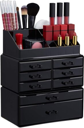 Relaxdays  x Make Up Organizer mit Schubladen, stapelbarer Schmuckkasten für Make Up, Acryl Schminkaufbewahrung,     Stück (1, Schwarz, 1 Stück)