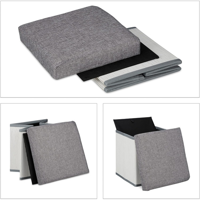 Relaxdays faltbarer Sitzhocker mit Stauraum, gepolstert, Bambus, Stoff, 36x35x35 cm, Weiß/Grau