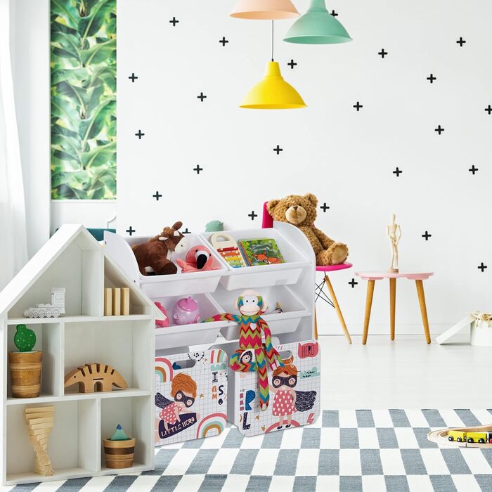 Relaxdays Kinderregal mit 6 Boxen, Kleine-Heldin-Motiv, 2 Kisten mit Rollen, HBT: 80,5x82,5x30 cm, Spielzeugregal, weiß