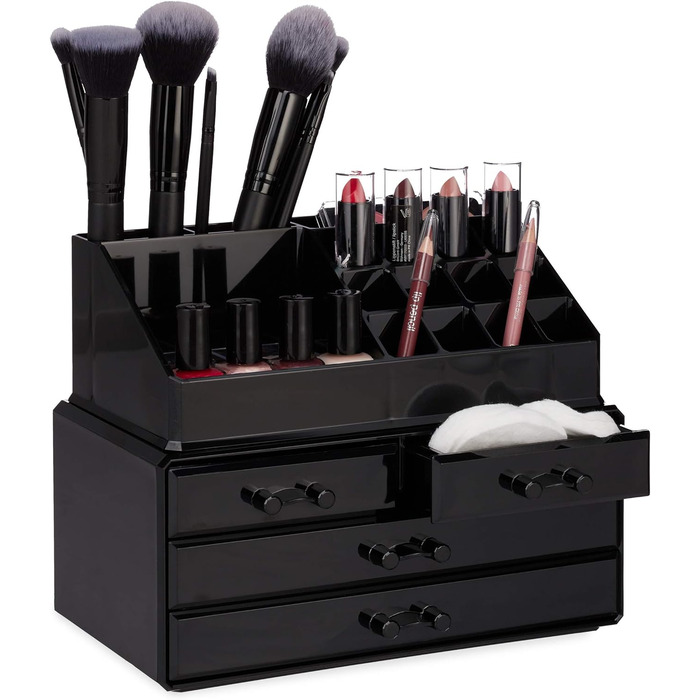 Relaxdays 1 x Make Up Organizer klein, 2-teilige Schmink Aufbewahrung Acryl, mit Lippenstifthalter und 4 Schubladen, schwarz 1 Schwarz 1 Stück