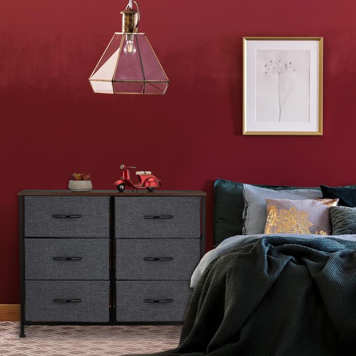 Relaxdays Kommode, 63x80x30 cm, Metall & Holzoptik, 6 Stoff-Schubladen, Moderne Beistellkommode, Mehrfarbig