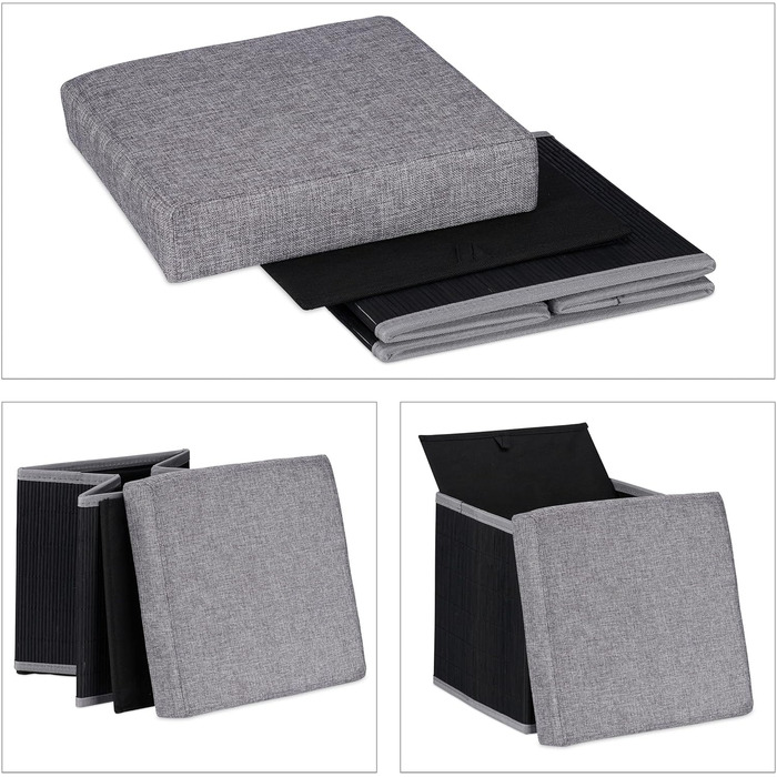 Relaxdays faltbarer Sitzhocker mit Stauraum, gepolstert, Bambus, 36x35x35 cm, Schwarz/Grau
