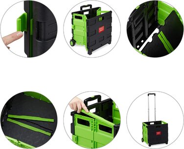 1 x Einkaufstrolley klappbar, Teleskop-Griff, 2 Gummi Rollen, bis 35 kg, Shopping Trolley, Aluminium, ABS, (Grün, 2er Pack)