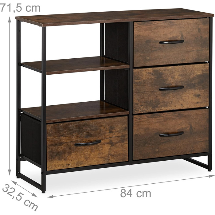 Relaxdays Kommode Industrial, 4 Schubladen, HBT: 71,5x84x32,5 cm, Stoff/Metall/Holzoptik, braun/schwarz