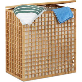 Relaxdays Wäschesammler 2 Fächer, eckige Wäschetruhe mit Wäschesack, Wäschesortierer mit 96 L, HBT: 62x56x35 cm, natur