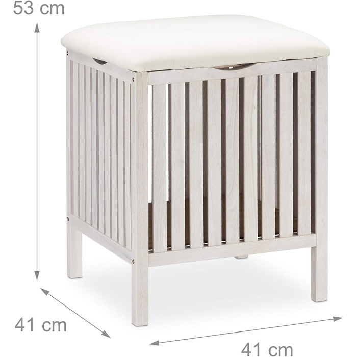 Relaxdays Wäschekorb mit Sitz, Badhocker, Landhausstil, 40 l, Holz & Stoff, 53x41x41 cm, weiß