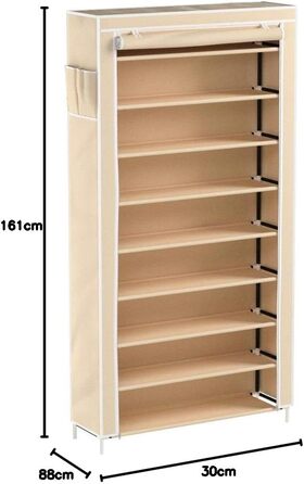 Relaxdays Schuhschrank VALENTIN 161x88x30cm, Stoffbezug, 10 Ablagen, staubfreie Lagerung, 45 Paar Schuhe, beige