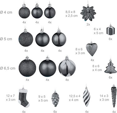 Relaxdays Weihnachtskugeln 72er Set, glitzernd/matt/glänzend, Baumkugeln/Stiefel/Herz/Zapfen, schwarz