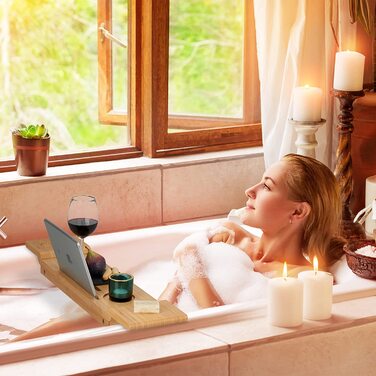 Relaxdays Badewannenablage Bambus, 70cm breit, Badetablett für Glas, Handy, Tablet, Badewannenbrett zum Einhängen, Natur