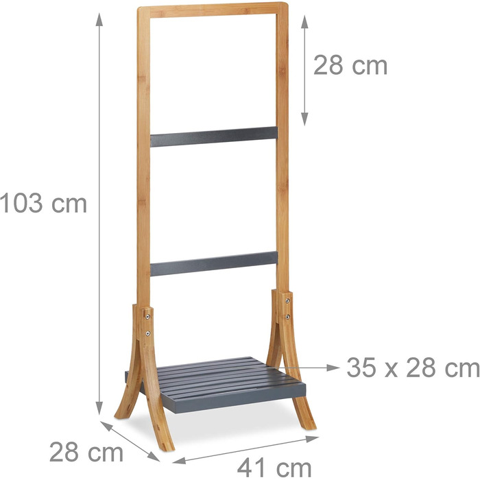 Relaxdays Handtuchständer, 3 Stangen, Ablage, 103x41x28cm, Bambus/MDF, Natur/Grau