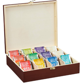 Relaxdays Teebox, 12 Fächer, Holz, Organizer, HBT: 7,5 x 29 x 26 cm, braun