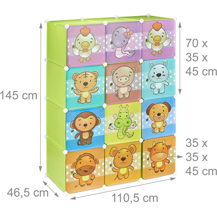 Relaxdays,  Steckregal Kinderzimmer, Tiermotive, Jungen, Türen, Kleiderstangen, Kunststoff Kleiderschrank, 145x110cm, 60%, Standard (Grün)