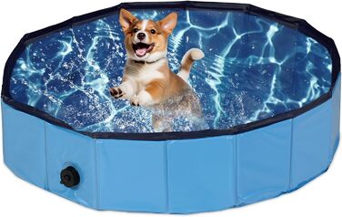 Relaxdays Hundepool, H x D: 20 x 80 cm, faltbar, mit Ablassventil, Hundeplanschbecken zur Abkühlung, PVC & MDF, blau