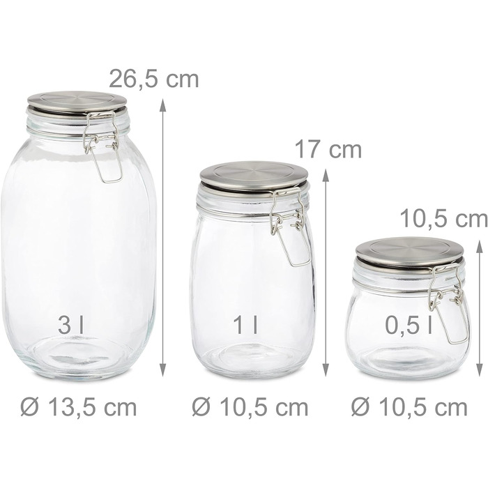 Relaxdays Einmachglas 3er Set, Bügelverschluss, 500-3000 ml, transparent