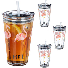 Relaxdays Glasbecher mit Deckel & Strohhalm, 4er Set Flamingo Gläser, 450 ml, spülmaschinenfest, Trinkglas, transparent