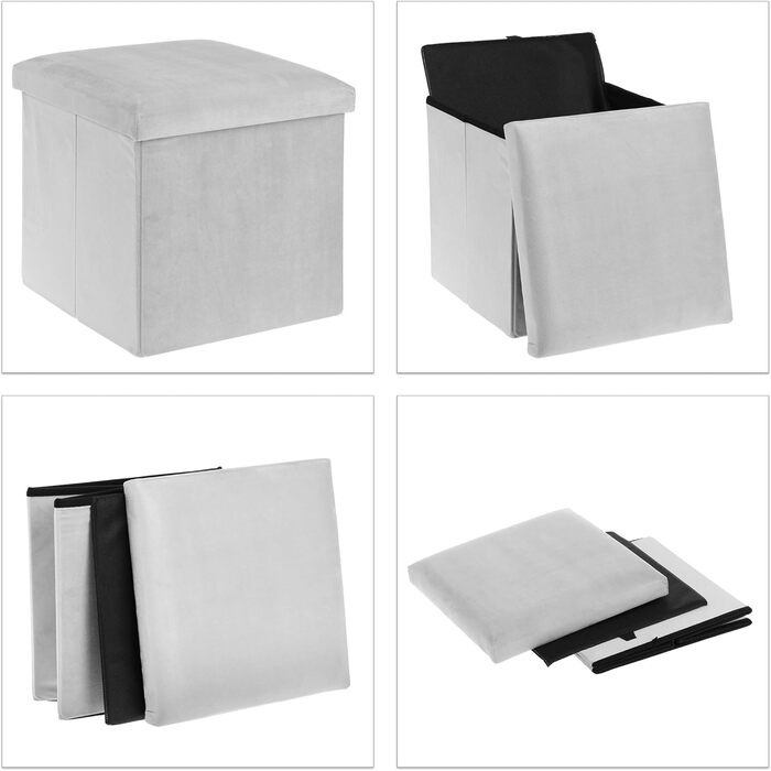 Relaxdays Sitzhocker, faltbar, 38x38x38 cm, Stauraum, MDF & Samt, hellgrau