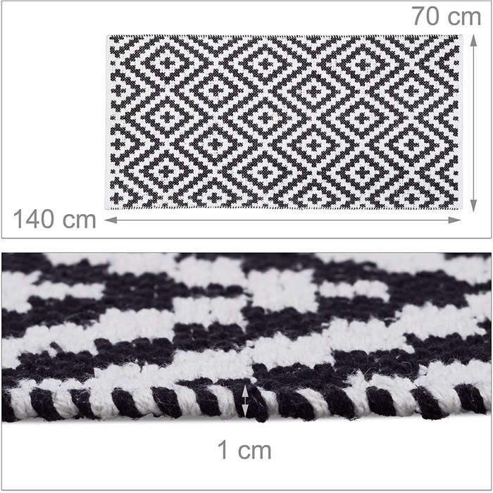 Relaxdays Teppich Baumwolle, Läufer rutschfest, Teppichläufer Flur, gewebt, Wohnzimmerteppich 70x140 cm, schwarz weiß