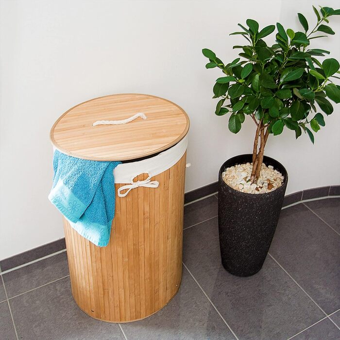 Relaxdays Wäschekorb Bambus, faltbar, Deckel, 70 l, Baumwoll-Wäschesack, rund Ø 41 cm, natur
