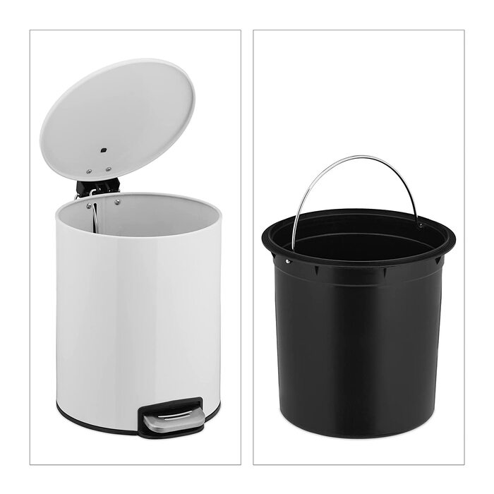 Relaxdays Kosmetikeimer, 5 Liter, Absenkautomatik, entnehmbarer Inneneimer, Bad Mülleimer, Metall, Treteimer rund, weiß