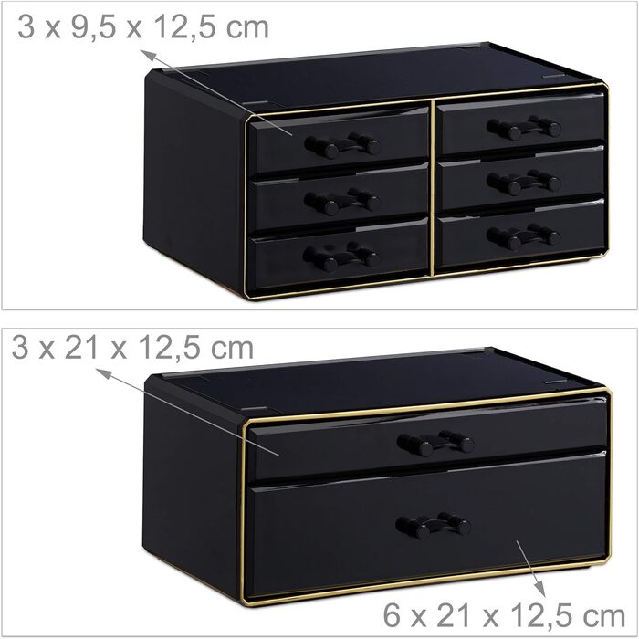 Relaxdays  x Make Up Organizer mit Schubladen, stapelbarer Schmuckkasten für Make Up, Acryl Schminkaufbewahrung,     Stück (1, Schwarz-gold, 1 Stück)