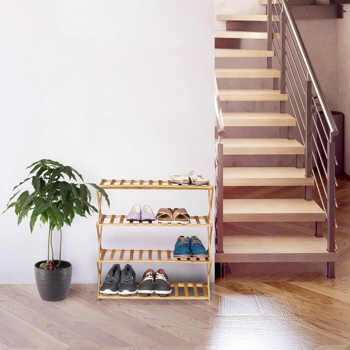 Relaxdays Schuhregal, 4 Ebenen, 12 Paar Schuhe, Bambus, 68x67x26 cm