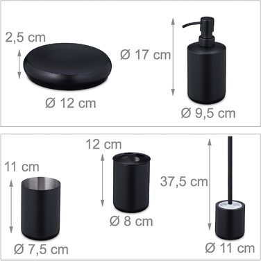 Relaxdays Badezimmer Set, 5-teilig, Badbecher, Zahnbürstenhalter, Seifenspender- & Schale, Klobürste, Edelstahl, schwarz, 10038871