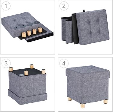 Relaxdays Sitzhocker mit Stauraum, gepolstert, gesteppt, Stoffbezug, 40x38x38 cm, Dunkelgrau