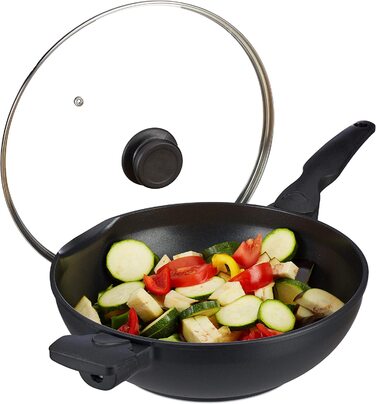 Relaxdays Wokpfanne mit Glasdeckel 30 cm, Wok mit Antihaftbeschichtung für Gas-, Elektroherd, Griff, 4 Liter, schwarz