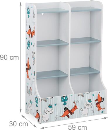 Relaxdays Kinderregal, HxBxT: 90 x 59 x 30 cm, Kinderzimmerregal mit Hundemotiv, 8 Fächer, MDF, Bücherregal Kinder, bunt