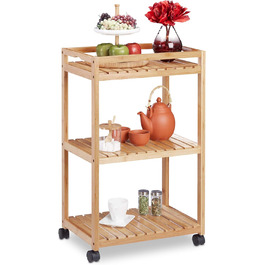 Relaxdays Servierwagen, 3 Etagen, Rollen mit Bremsen, 77x47x32,5 cm, natur, Hellbraun, Schwarz