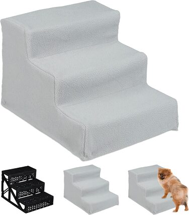 Relaxdays Hundetreppe 3 Stufen, kleine & große Hunde, Bett & Couch, Stoffbezug, Tiertreppe innen, HBT 30x35x45 cm, grau, 1 Stück Grau 1 Stück