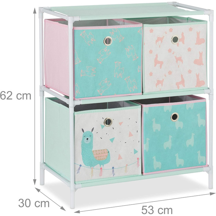 Relaxdays Kinderregal mit 4 Boxen, Lama-Design, HBT 62x53x30 cm, bunt, für Jungen & Mädchen, Spielzeug