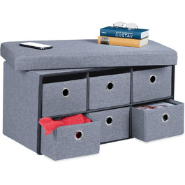 Relaxdays Sitzbank mit Stauraum, 6 Schubladen, Sitzpolster, faltbar, 39x76x38 cm, grau
