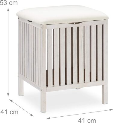 Relaxdays Wäschekorb mit Sitz, Badhocker, Landhausstil, 40 l, Holz & Stoff, 53x41x41 cm, weiß