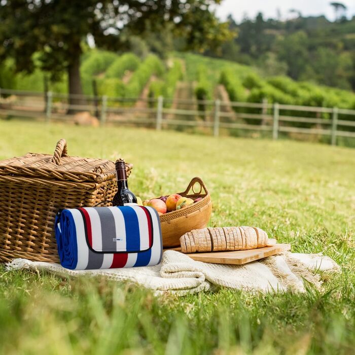 Relaxdays XXL Picknickdecke, 200x300 cm, weich, wasserdichte Unterseite, Tragegriff, gestreifte Fleece Stranddecke, bunt