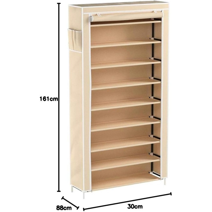 Relaxdays Schuhschrank VALENTIN 161x88x30cm, Stoffbezug, 10 Ablagen, staubfreie Lagerung, 45 Paar Schuhe, beige