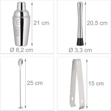 Relaxdays 11-tlg. Profi Cocktail Set: Ständer, Shaker, Barmaß, Ausgießer, Eiszange, Edelstahl, silber/natur