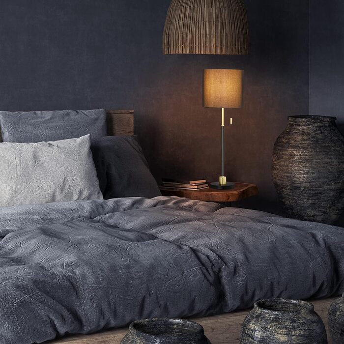 Relaxdays Tischlampe mit Zugschalter, elegante Nachttischlampe mit Stoffschirm, E27 Fassung, HD 69 x 24 cm, schwarz-gold